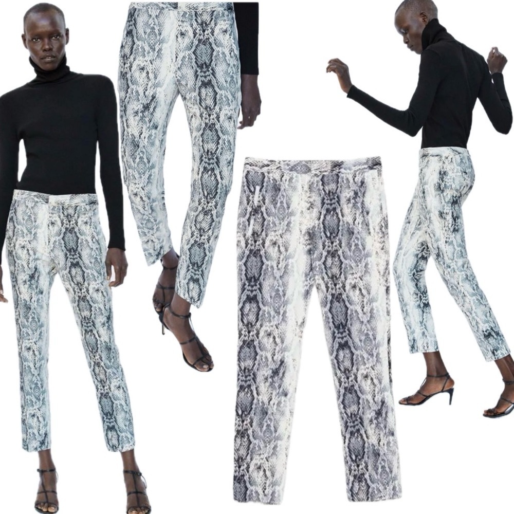 Zara cream gray snake print cropped slim fit cigarette pants Sz M